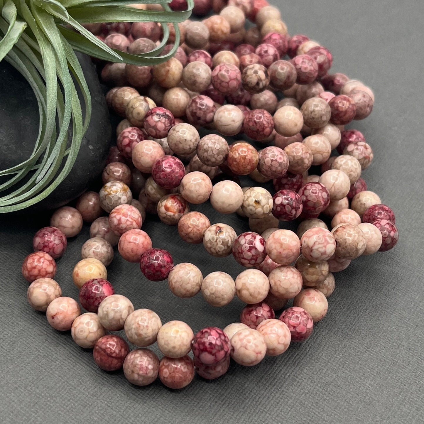 Pink Coral Fossil Gemstone Bracelet, 8mm Smooth Round Beaded Stretch Bracelet, beaded bracelet, Healing Bracelet, yoga jewelry