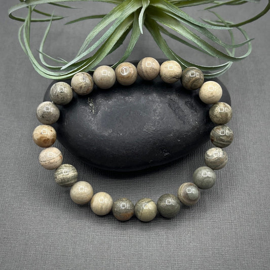 Silver Leaf Jasper Gemstone Bracelet, 8mm Smooth Round Beaded Stretch Bracelet, beaded bracelet, Healing Bracelet, yoga jewelry, yoga gift