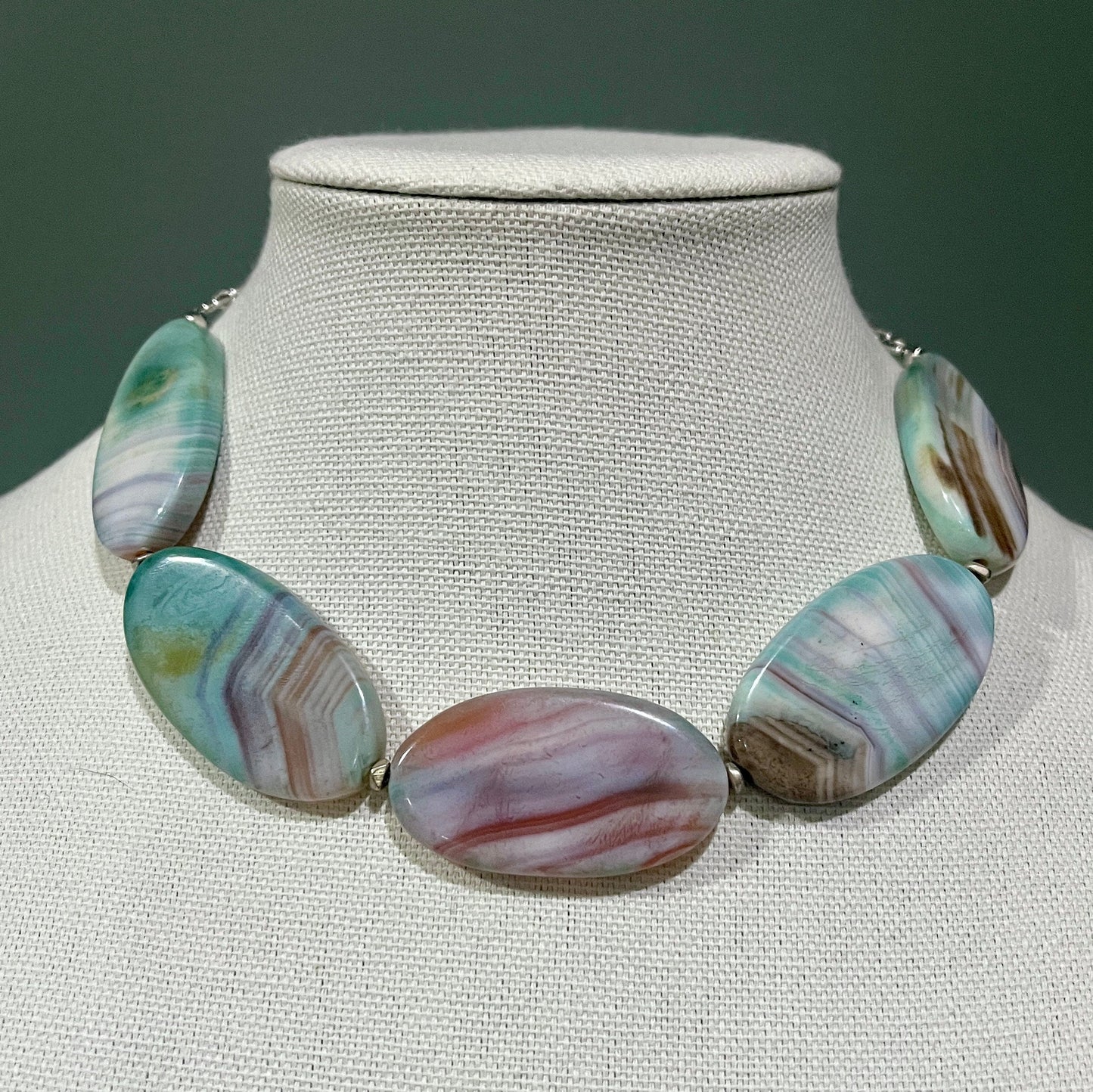 FREE SAME DAY SHiPPING! Turquoise and Pink Banded Agate Bold Chunky Statement Necklace with silver Accents, Gigantic Beads