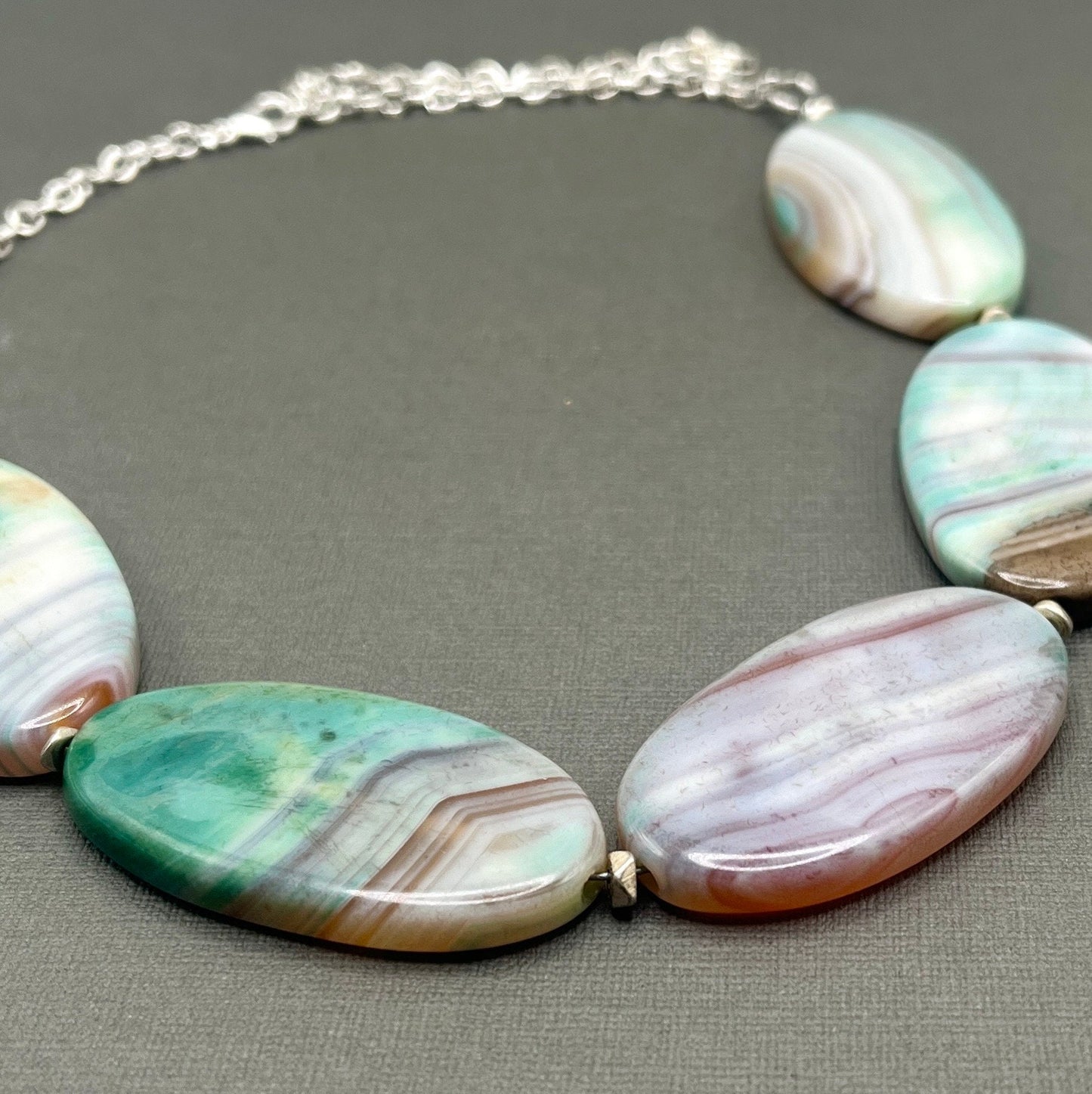 FREE SAME DAY SHiPPING! Turquoise and Pink Banded Agate Bold Chunky Statement Necklace with silver Accents, Gigantic Beads