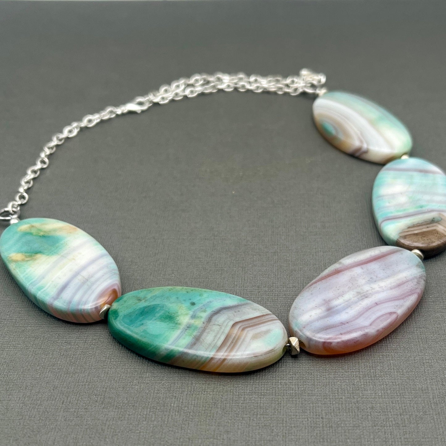 FREE SAME DAY SHiPPING! Turquoise and Pink Banded Agate Bold Chunky Statement Necklace with silver Accents, Gigantic Beads