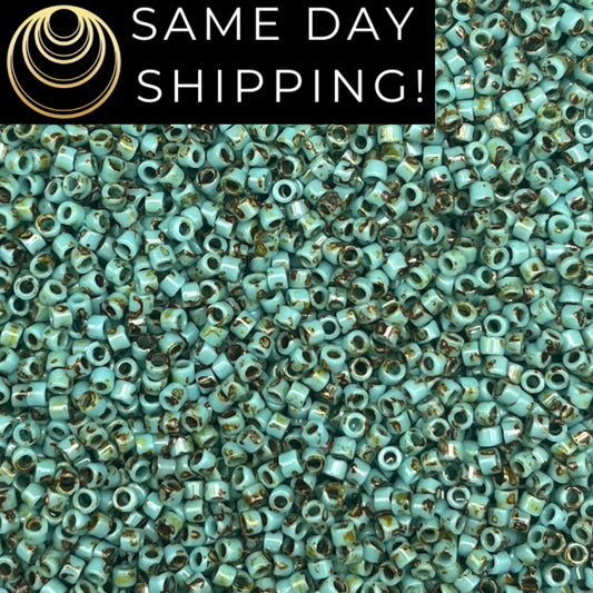DB2264 SAME DAY SHIPPING! Miyuki 11/0 Delica Beads Opaque Turquoise Blue Picasso Free Container!