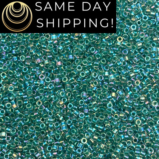 DB060 SAME DAY SHIPPING! 1-20 Grams Miyuki 11/0 Delica Beads Lime Lined Crystal Luster -Free Container!