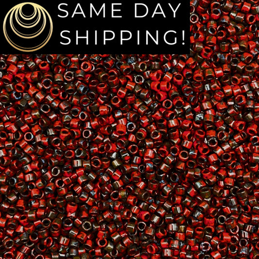 DB2263 SAME DAY SHIPPING! 1-20 Grams Miyuki 11/0 Delica Beads Opaque Red Picasso -Free Container!