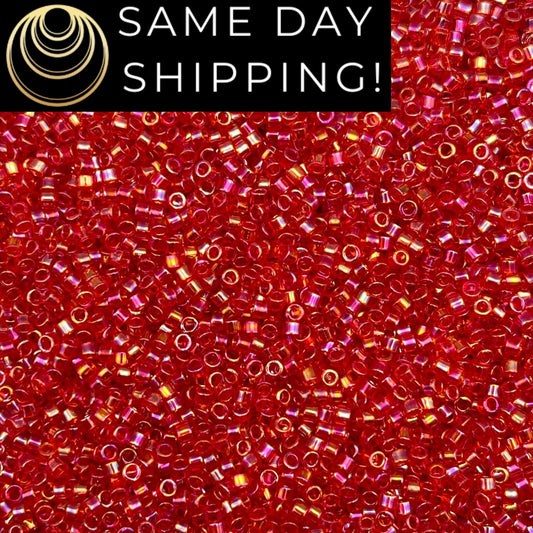 DB172 SAME DAY Shipping! 1-20 Grams Miyuki 11/0 Delica Beads Transparent Red AB Rainbow -Free Container!