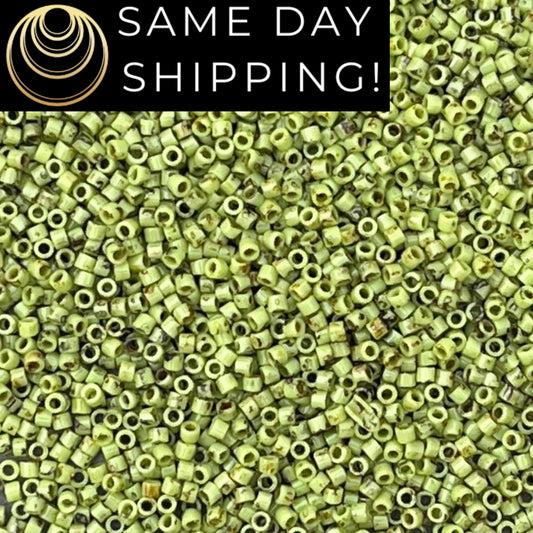 DB2265 SAME DAY SHIPPING! 1-20 Grams Miyuki 11/0 Delica Beads Opaque Chartreuse Picasso, Lime Green Picasso, Green and Brown Free Container!