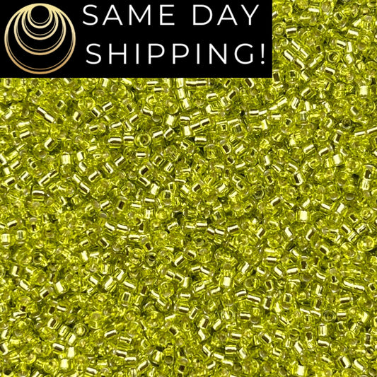 DB147 SAME DAY SHIPPING! 1-20 Grams Miyuki 11/0 Delica Beads Silver Lined Chartreuse  -Free Container!