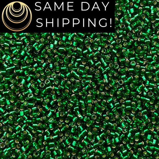 DB148 SAME DAY SHIPPING! 1-20 Grams Miyuki 11/0 Delica Beads Silver Lined Emerald Green-Free Container!