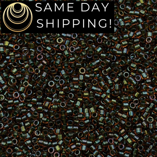 DB1741 SAME DAY Shipping! 1 Gram up to 20 Grams Miyuki 11/0 Delica Beads Olive Lined Orange AB-Free Container!