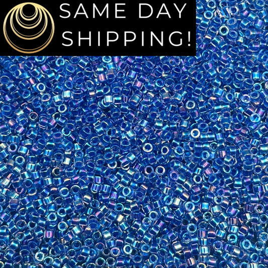 DB077 (1 gram-20 grams) Miyuki Size 11/0 Delica Beads Blue Lined Crystal AB-Free Container! Same Day Shipping!