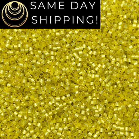 DB2187 (1 gram-20 grams) Miyuki Size 11/0 Delica Beads Duracoat Semi Frosted Silver Lined Dyed Citron-Free Container! Same Day Shipping!