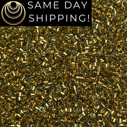 DB2522 (1 gram-20 grams) Miyuki Size 11/0 Delica Beads 24kt Gold Lined Golden Olive-Free Container! Same Day Shipping!
