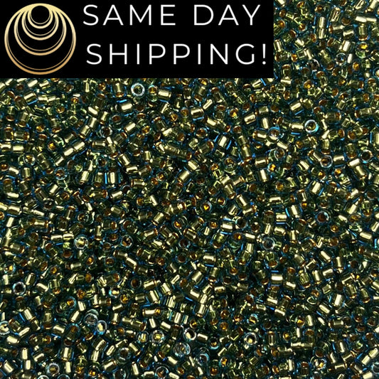DB2523 (1 gram-20 grams) Miyuki Size 11/0 Delica Beads 24kt Gold Lined Moss Green-Free Container! Same Day Shipping!