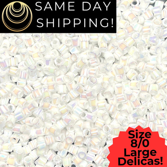 DBL0202 8/0 LARGE Miyuki Delica Beads White Pearl AB
