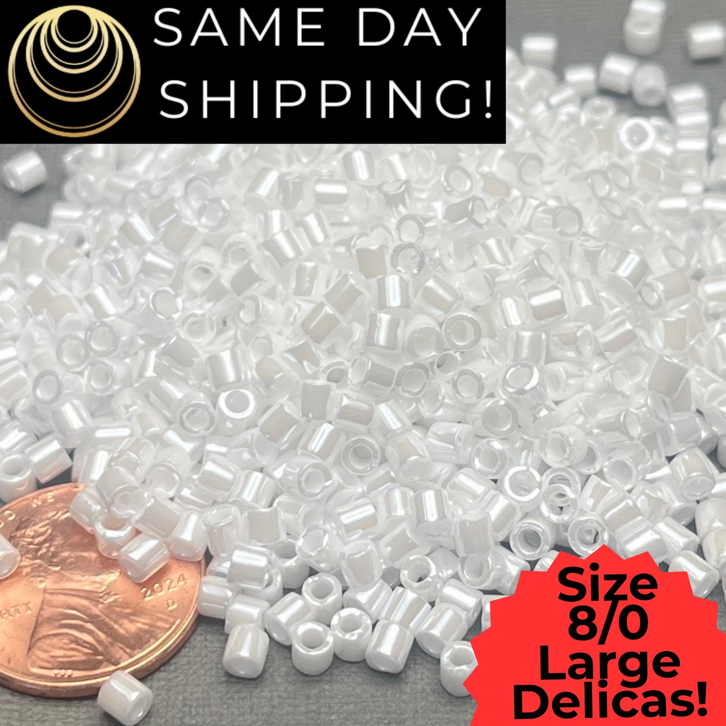 DBL0201 8/0 LARGE Miyuki Delica Beads White Pearl Ceylon
