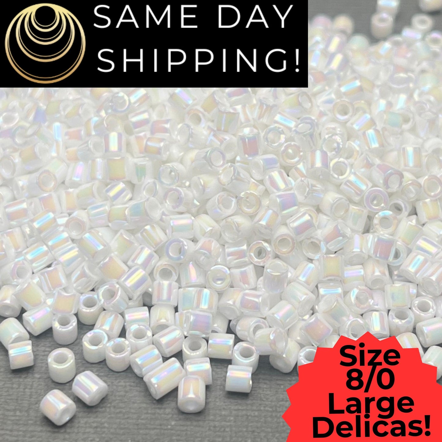DBL0202 8/0 LARGE Miyuki Delica Beads White Pearl AB