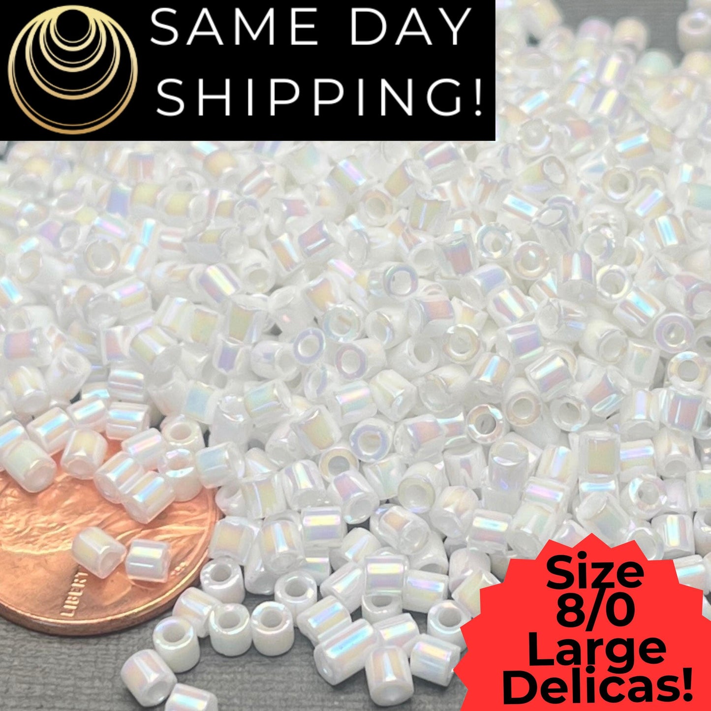 DBL0202 8/0 LARGE Miyuki Delica Beads White Pearl AB