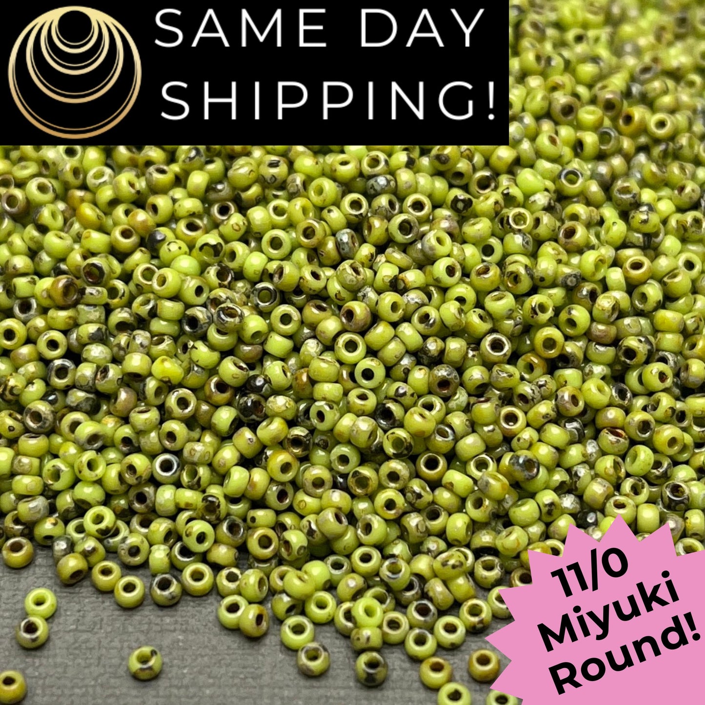 11-4515 11/0 Miyuki Round Opaque Chartreuse Picasso Seed Beads