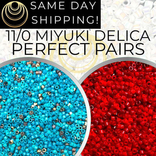 Miyuki 11/0 Delica Beads, 2 Color Set, Perfectly Paired Together Blue Turquoise Mix AND Red Coral Mix
