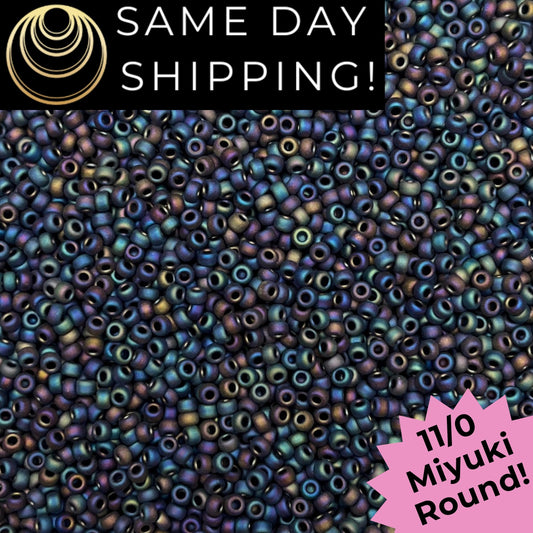 11-0401FR 11/0 Miyuki Round Seed Beads Matte Black AB
