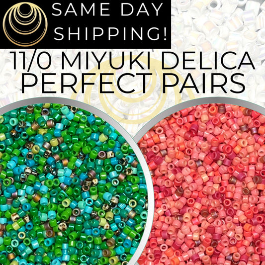 Miyuki 11/0 Delica Beads, 2 Color Set, Perfectly Paired Together Green Turquoise Mix AND Pink Coral Mix