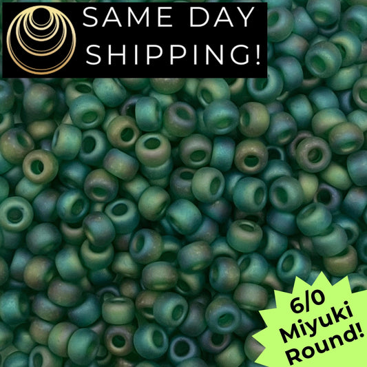 6-0146FR Miyuki 6/0 Round Beads, Matte Transparent Green AB