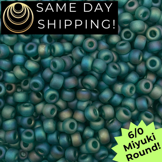 6-0147FR Miyuki 6/0 Round Beads, Matte Transparent Emerald Green AB