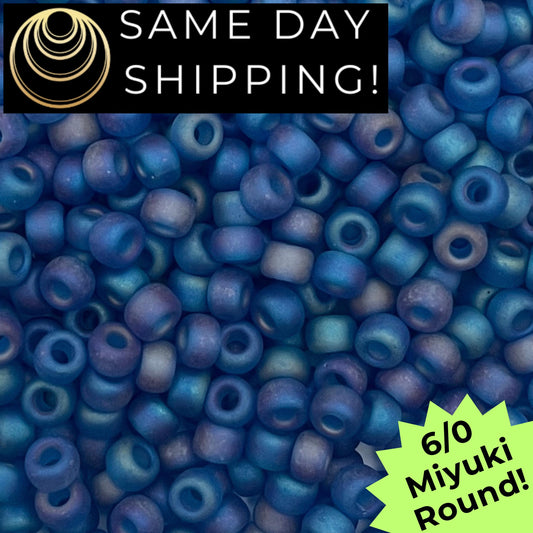 6-0149FR Miyuki 6/0 Round Beads, Matte Transparent Capri Blue AB
