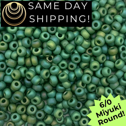 6-0411FR Miyuki 6/0 Round Beads, Matte Opaque Green AB
