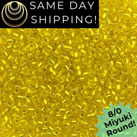 8-0096 Miyuki 8/0 Round Beads, Silver Lined Yellow
