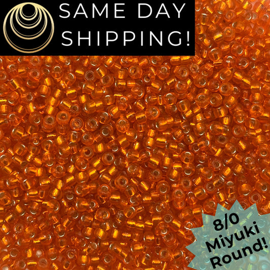 8-0098 Miyuki 8/0 Round Beads, Silver Lined Orange