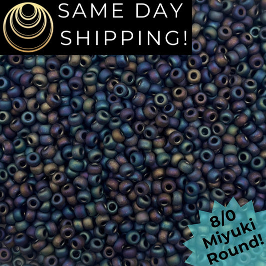 8-0401FR Miyuki 8/0 Round Beads, Matte Black AB