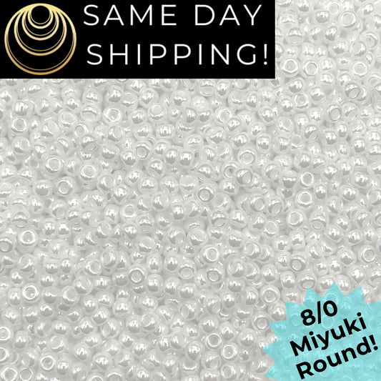 8-0420 Miyuki 8/0 Round Beads, White Pearl Ceylon