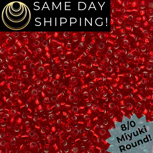 8-0910 Miyuki 8/0 Round Beads, Silver Lined Flame Red