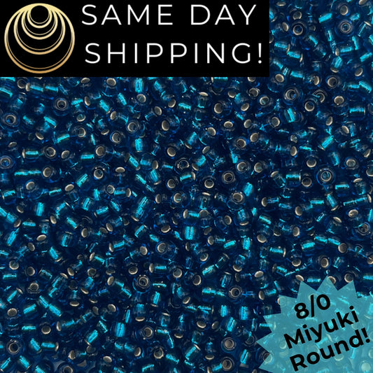 8-0925 Miyuki 8/0 Round Beads, Silver Lined Capri Blue