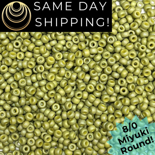 8-4697 Miyuki 8/0 Round Beads, Frosted Opaque Glazed Olive Rainbow