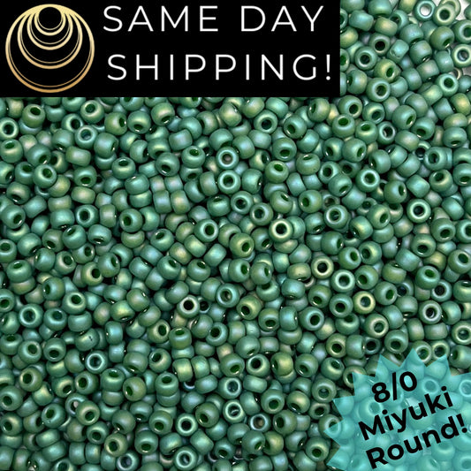 8-4699 Miyuki 8/0 Round Beads, Frosted Opaque Glazed Green Rainbow