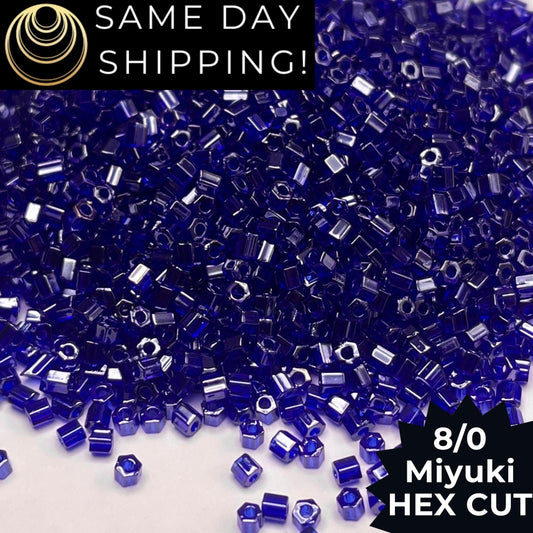 8C-0176 Miyuki 8/0 Hex Cut Beads, Transparent Cobalt Luster