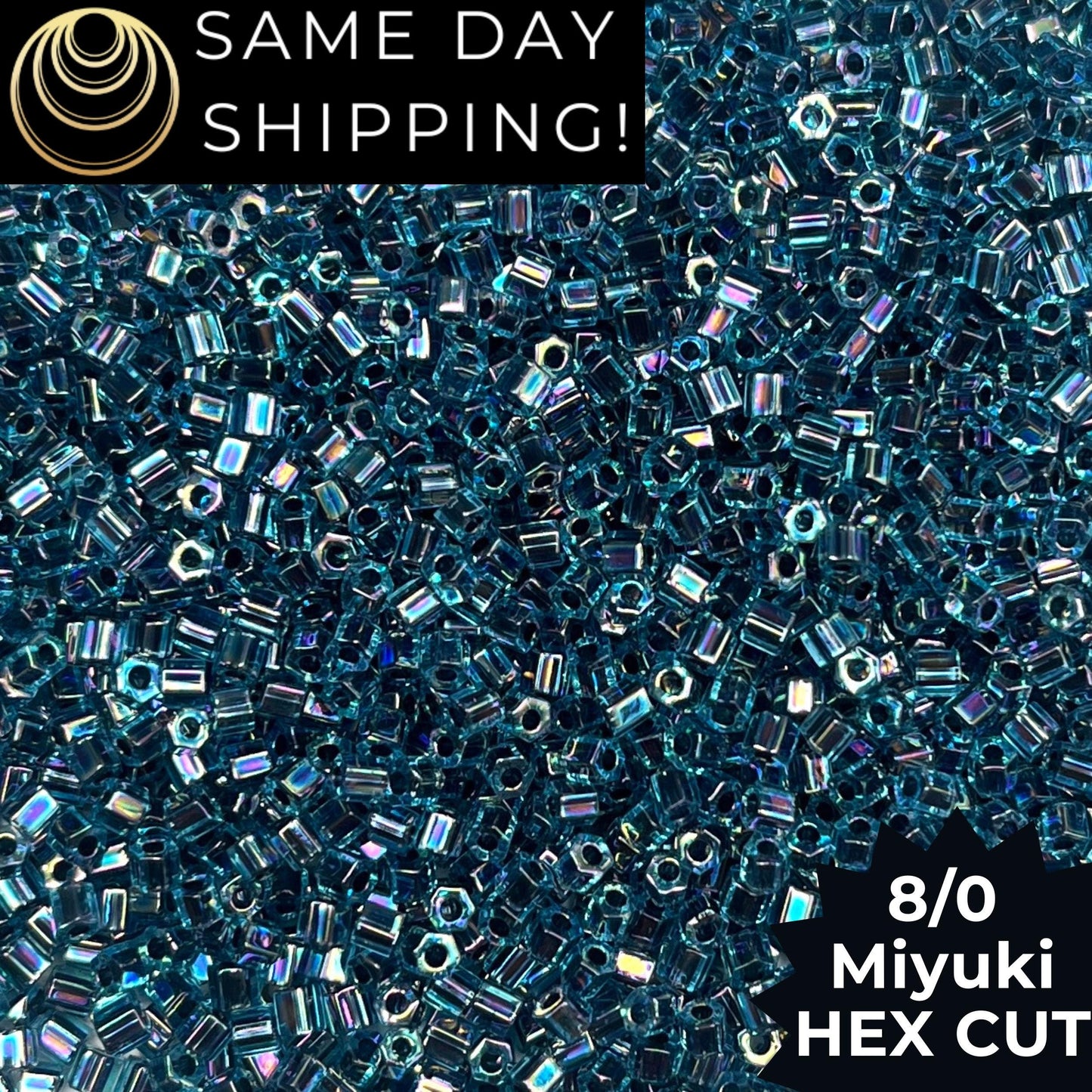 8C-0339 Miyuki 8/0 Hex Cut Beads, Blue Lined Aqua AB