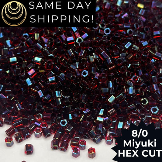 8C-0367 Miyuki 8/0 Hex Cut Beads, Garnet Lined Ruby AB
