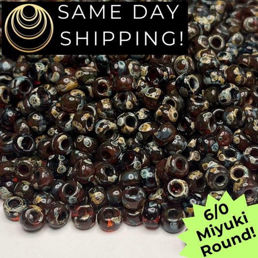 6-4503 Miyuki 6/0 Round Beads, Transparent Red Brown Picasso