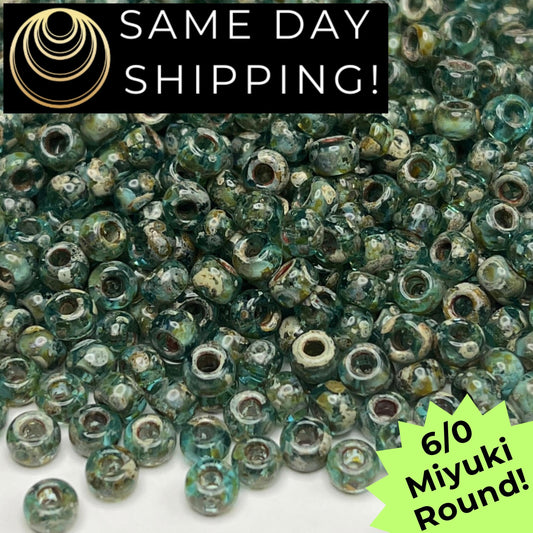 6-4506 Miyuki 6/0 Round Beads, Transparent Olivine Picasso