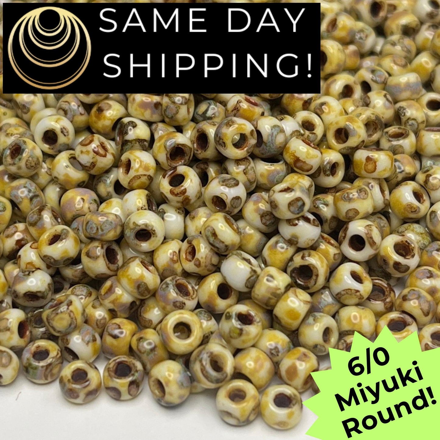6-4512 Miyuki 6/0 Round Beads, Canary Yellow Picasso