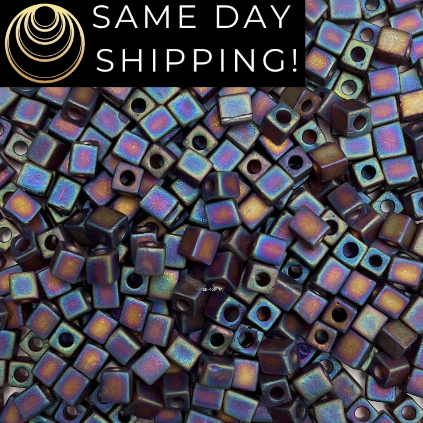 4SB-0134FR Miyuki 4mm Cube Beads, Matte Transparent Dark Amber Rainbow