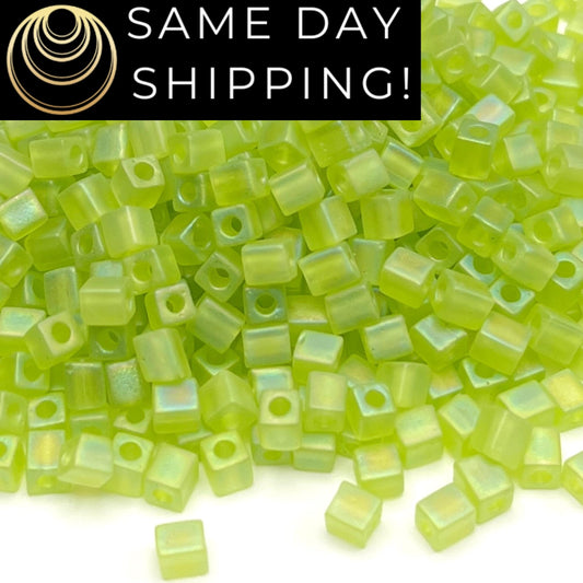 4SB-0143FR Miyuki 4mm Cube Beads, Transparent Matte Lime Green Rainbow