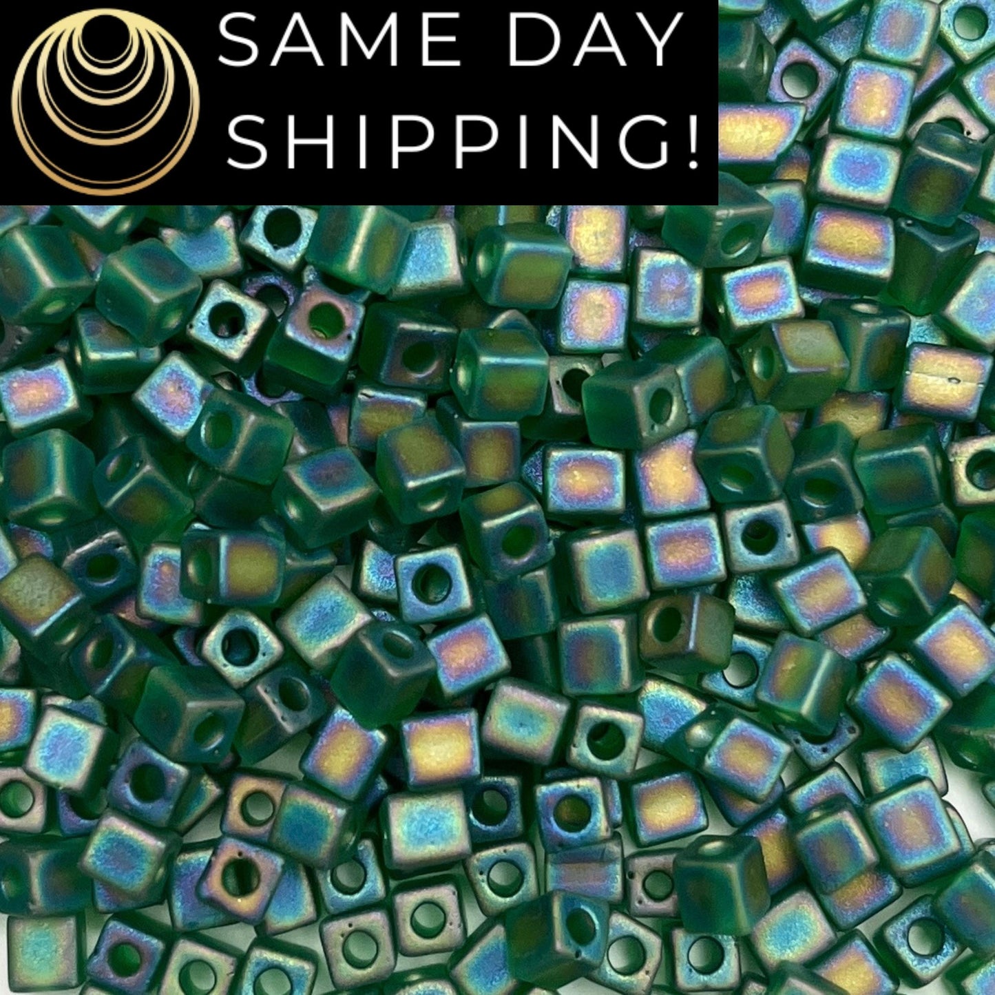 4SB-0146FR Miyuki 4mm Cube Beads, Matte Transparent Green Rainbow