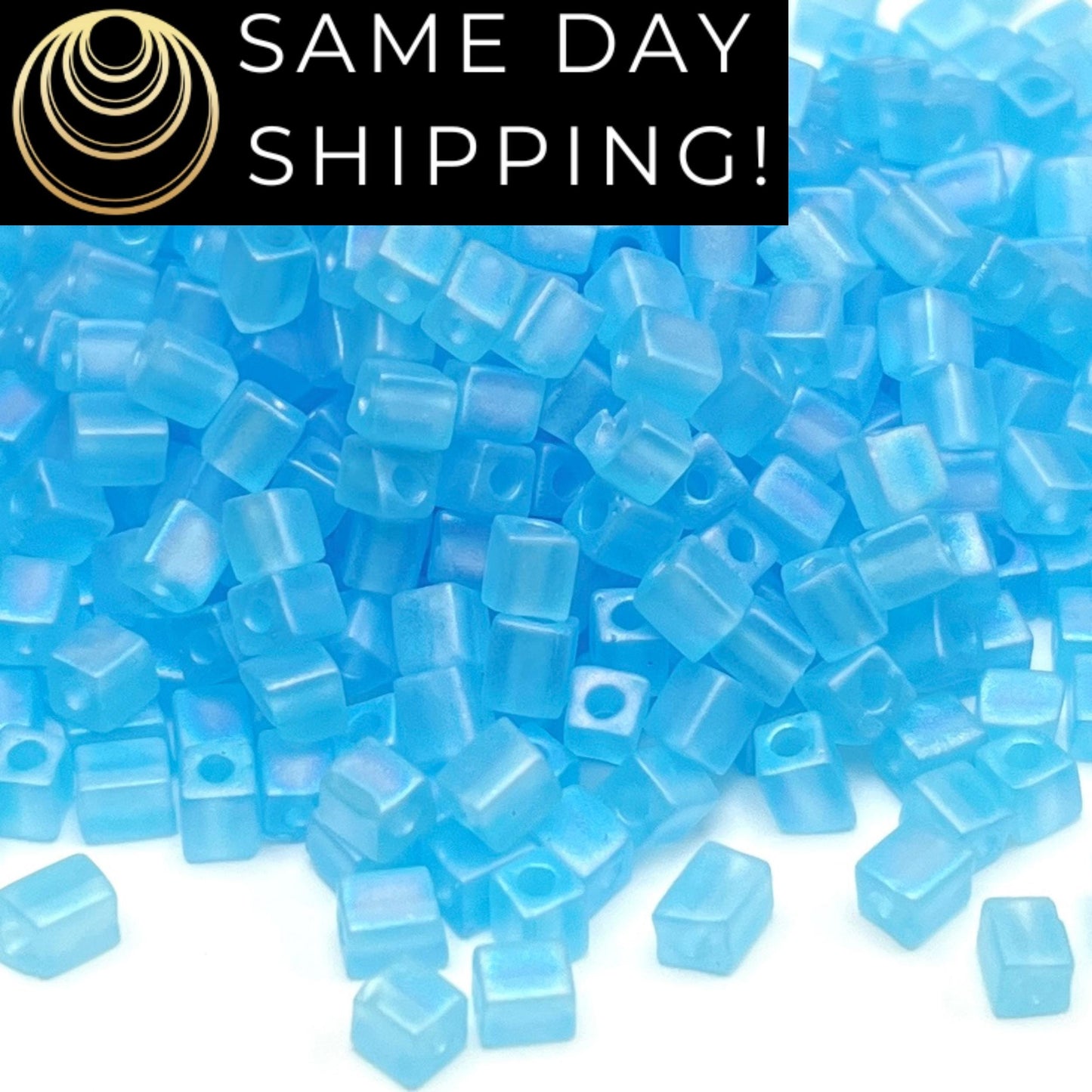 4SB-0148FR Miyuki 4mm Cube Beads, Matte Transparent Blue Topaz Rainbow