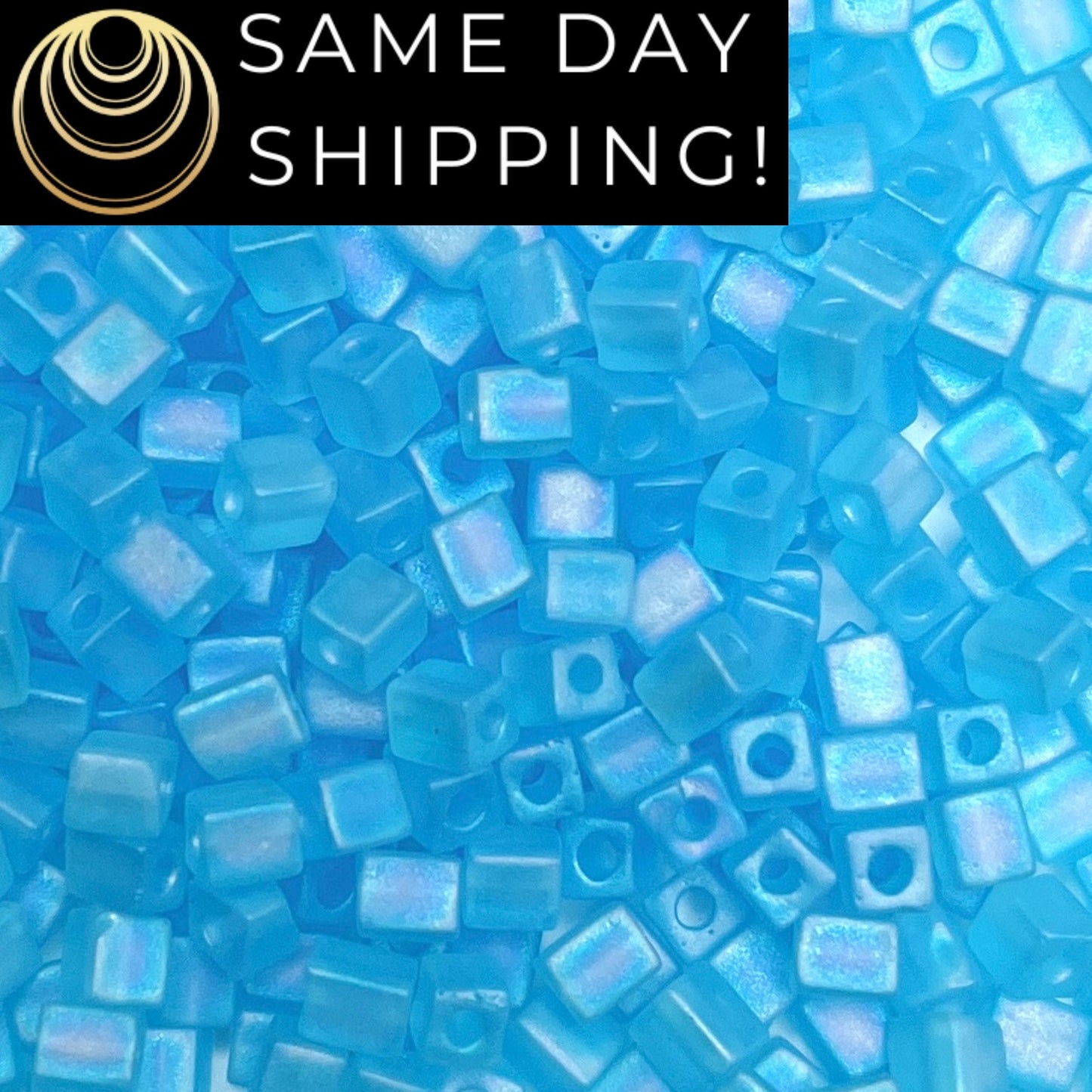 4SB-0148FR Miyuki 4mm Cube Beads, Matte Transparent Blue Topaz Rainbow