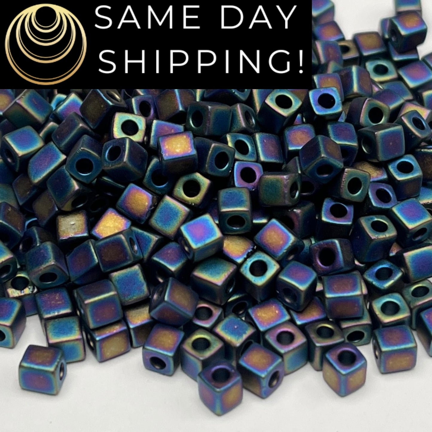4SB-0401FR Miyuki 4mm Cube Beads, Matte Black Rainbow