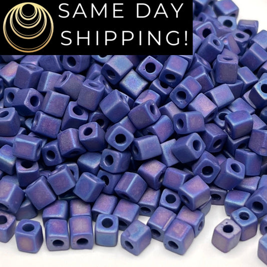 4SB-0414FR Miyuki 4mm Cube Beads, Matte Cobalt Blue Rainbow